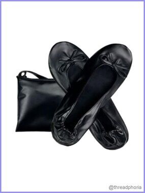 Women's Foldable Ballet Flats PU Leather Bow Pointed Toe Comfortable Travel
